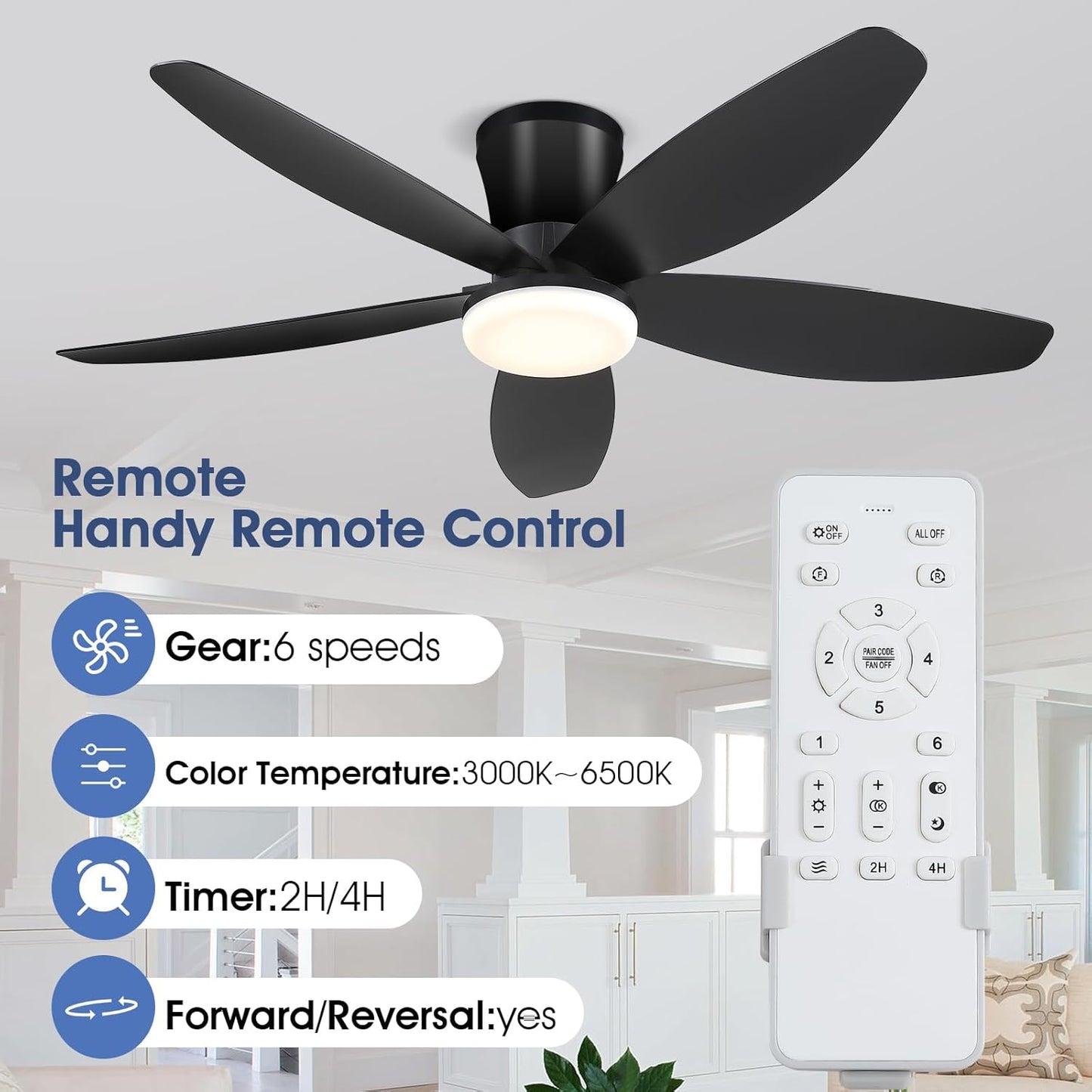 42" Ceiling Fans with Lights-Low Profile Ceiling Fan with Light and Remote Control,Flush Mount,DC Reversible,LED Dimmable Blakc Ceiling Fans for Bedroom,Indoor/Outdoor Patio Use