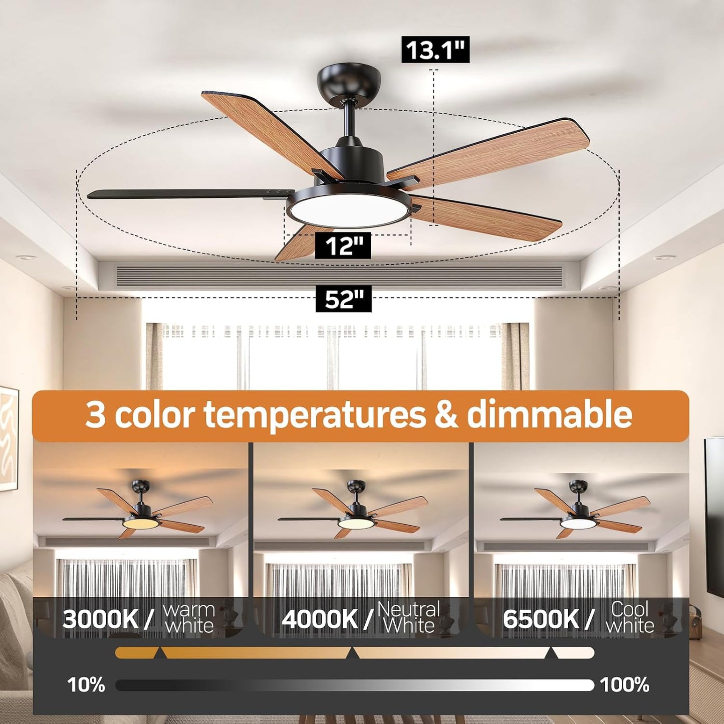 TALOYA 52 Inch Black Ceiling Fans with Lights Led Remote Control Flush Mount Low Profile for Bedroom Living Dining Room Outdoor Farmhouse Patio,Reversible,DC Motor,Diammable,Buzzer ON/Off,5 Blades