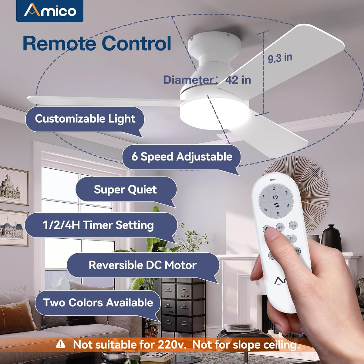 Amico 42 Inch White Low Profile Ceiling Fans with Lights and Remote | Flush mount, 3-color dimmable light, quiet reversible DC motor, easy install, memory, timer, bedroom, covered outdoor areas