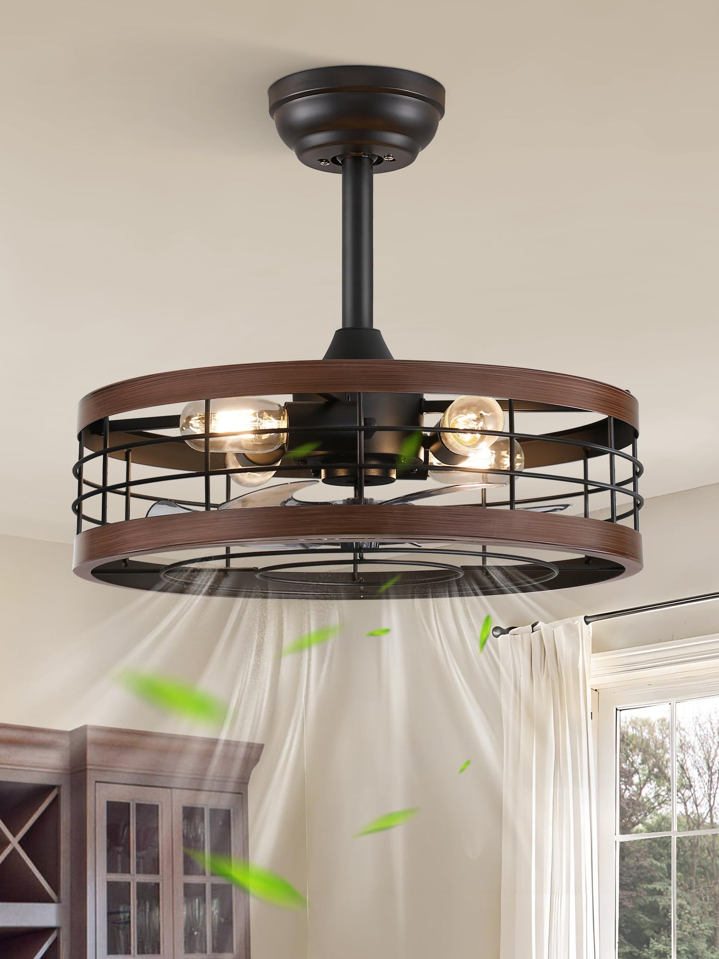 LEDIARY 20 inch Fandelier Caged Ceiling Fan with Light and Remote, Black | 6 Speed Adjustable,Timing, Quiet & Powerful DC, Small, Farmhouse, Industrial, Enclosed, Bladeless, Bedroom, Kitchen, Downrod