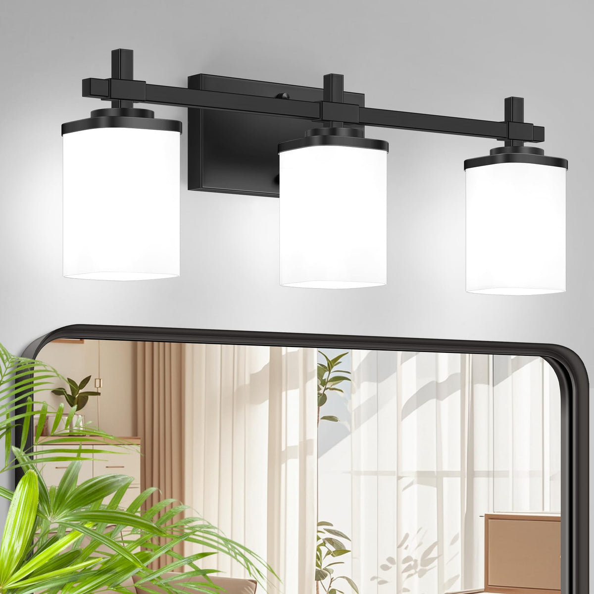 3-Lights Black and Gold Bathroom Light Fixtures Over Mirror, Modern Brushed Gold Vanity Lights for Bathroom, Sconces Wall Lighting with Square Glass Shade for Mirror Bedroom Hallway