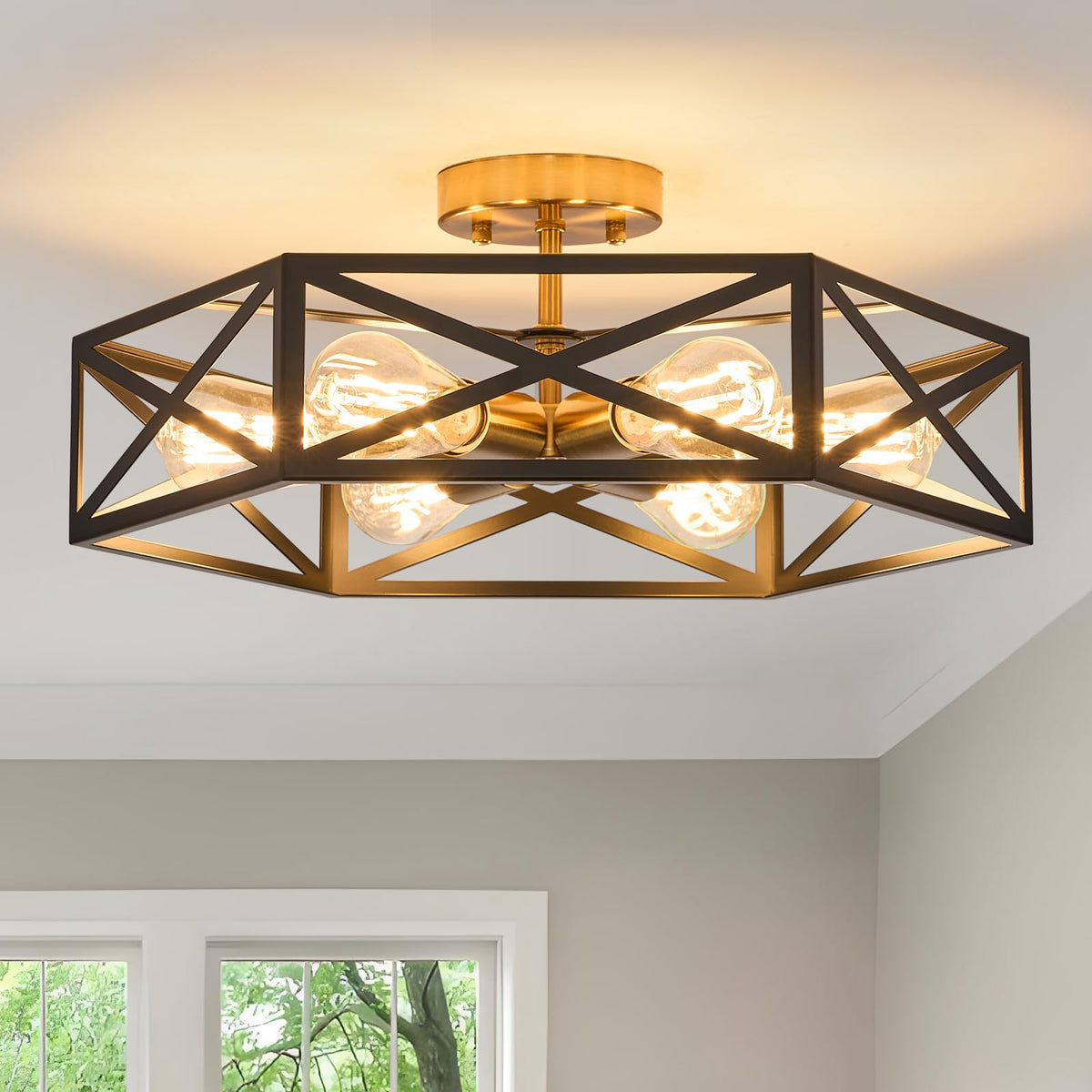 Black Modern Farmhouse Metal Semi Flush Mount Ceiling Light Fixture 14.6 in | Industrial Ceiling Lighting Fixture,hexagonal Lighting Fixtures for Kitchen Island Bedroom Foyer Dining Room Hallway,3-Light