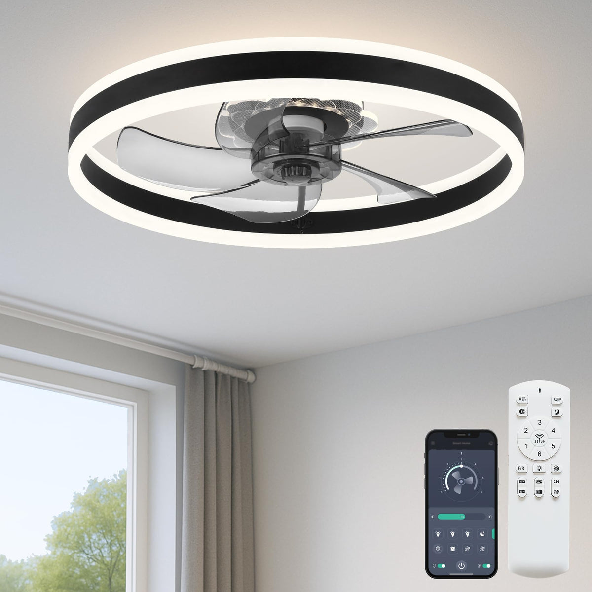 FSZDORJ 20'' Ceiling Fan with Light and Remote, Low Profile Ceiling Fan with Light, Dimmable Flush Mount Ceiling Fan Light, 6 Speeds Fan, App&Remote Control, Fandelier Quiet Fan for Bedroom F115 Black