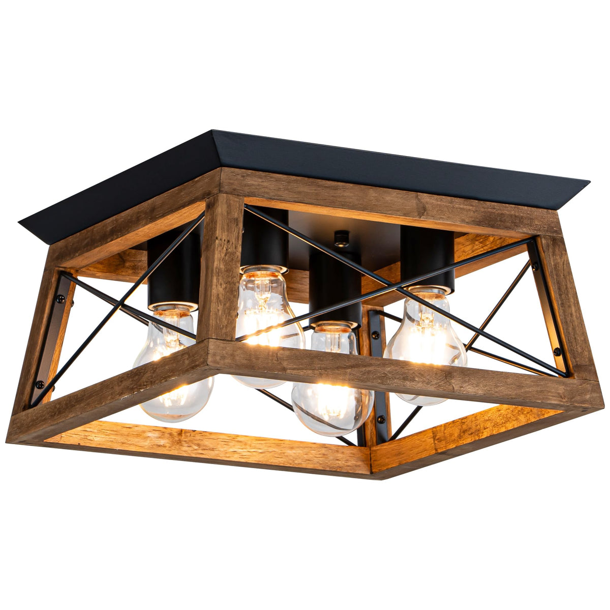Rpzloila Flush Mount Ceiling Light Fixture for Kitchen Hallway, 2-Light Close to Ceiling Light with Black Metal and Wood Design, Rustic Farmhouse Ceiling (Bulb not Included)
