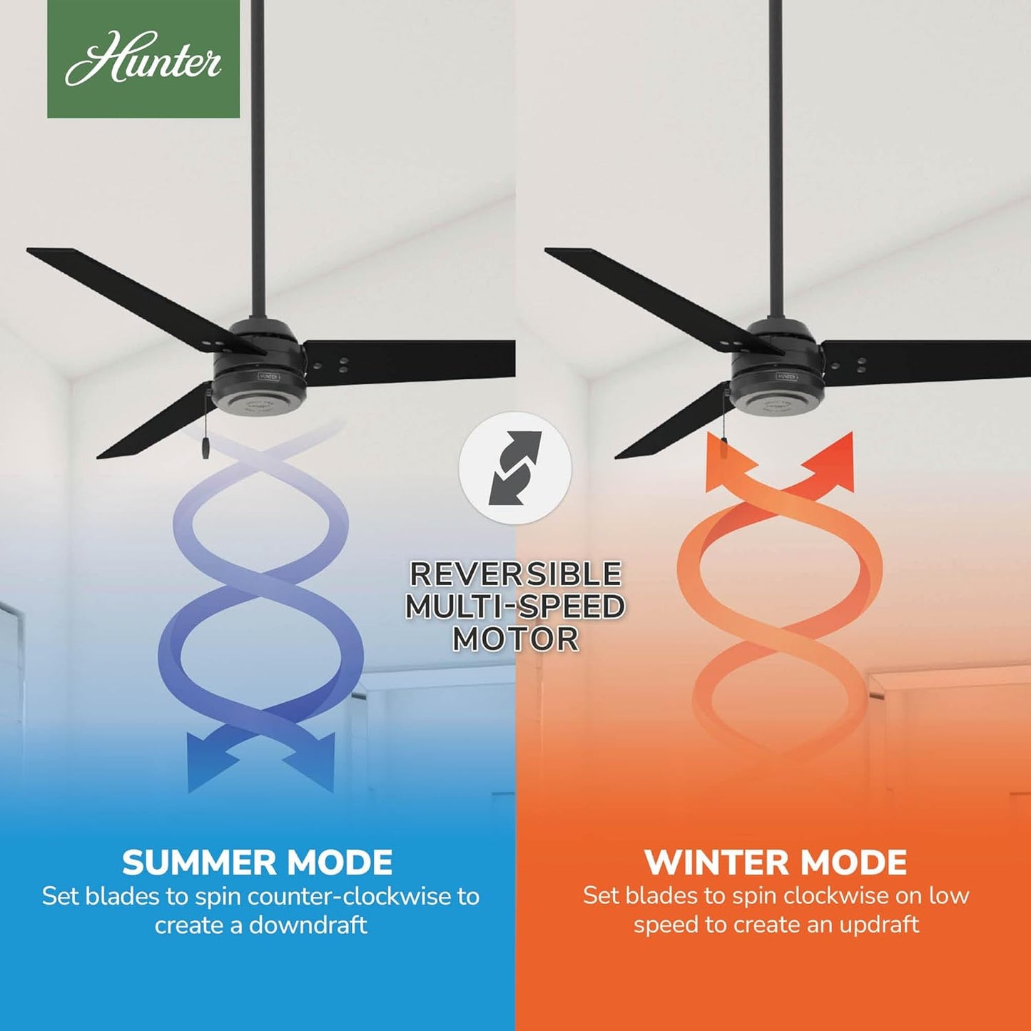 Hunter Cassius, Outdoor or Indoor, Ceiling Fan, 52 inch, Matte Black | No Light, Standard Mount, Pull Chain, 3 Blades, For Living Room, Patio, Porch, Garage, 59264