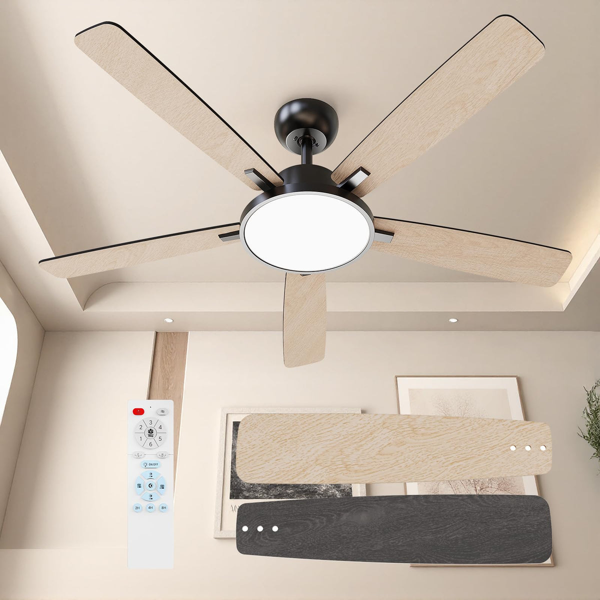 TALOYA 52 Inch Black Ceiling Fans with Lights Led Remote Control Flush Mount Low Profile for Bedroom Living Dining Room Outdoor Farmhouse Patio,Reversible,DC Motor,Diammable,Buzzer ON/Off,5 Blades