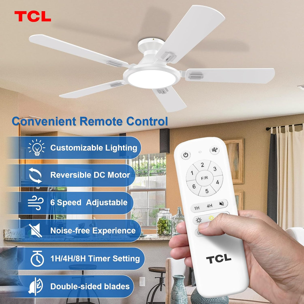 TCL 52" White Low Profile Ceiling Fan with Light & Remote | 5-blade Flush Mount fan with quiet 6-speed reversible DC motor. Dimmable LED light. Ideal for bedroom, living room & garage