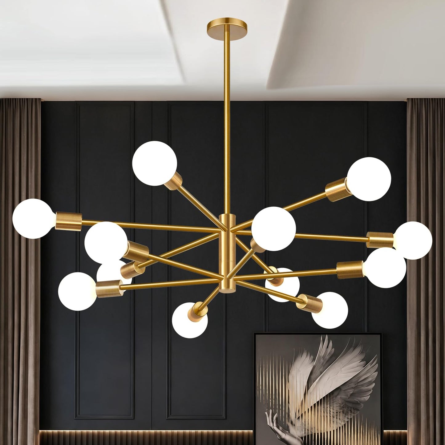 11"-52" Height Adjustable Modern Chandelier Ceiling Light Fixture, 12-Light Sputnik Chandeliers Brushed Gold and Matte Black Mid Century Chandelier Over Table, Chandeliers for Dining Room Living Room