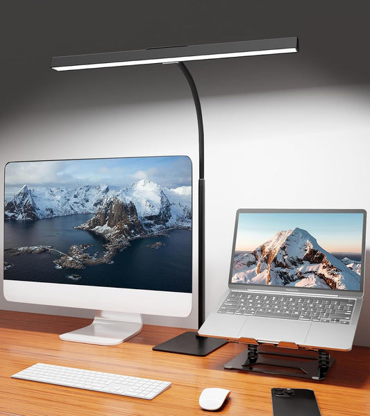 LED Desk Lamp for Home Office with Base, Eye-Caring Desk Light 12W, Black | Tall Lamp for Computer Monitor Task Reading, Adjustable Gooseneck, 5 Dimmable Brightness & Color, USB Touch Control, Timer