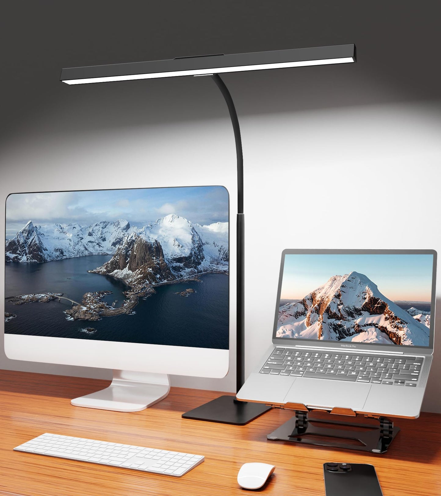 LED Desk Lamp for Home Office with Base, Eye-Caring Desk Light 12W, Black | Tall Lamp for Computer Monitor Task Reading, Adjustable Gooseneck, 5 Dimmable Brightness & Color, USB Touch Control, Timer