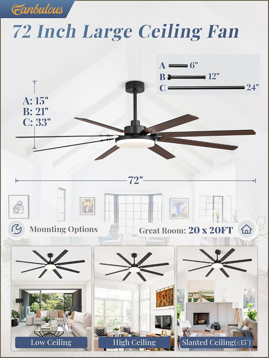 Fanbulous 72 inch Large Ceiling Fans with Lights and Remote, 27 W LED light | Outdoor Black Ceiling Fan with 8 Blades, 3 CCT, 6 Speed Reversible Quiet DC Motor, Modern Ceiling Fan for Living Room Patio