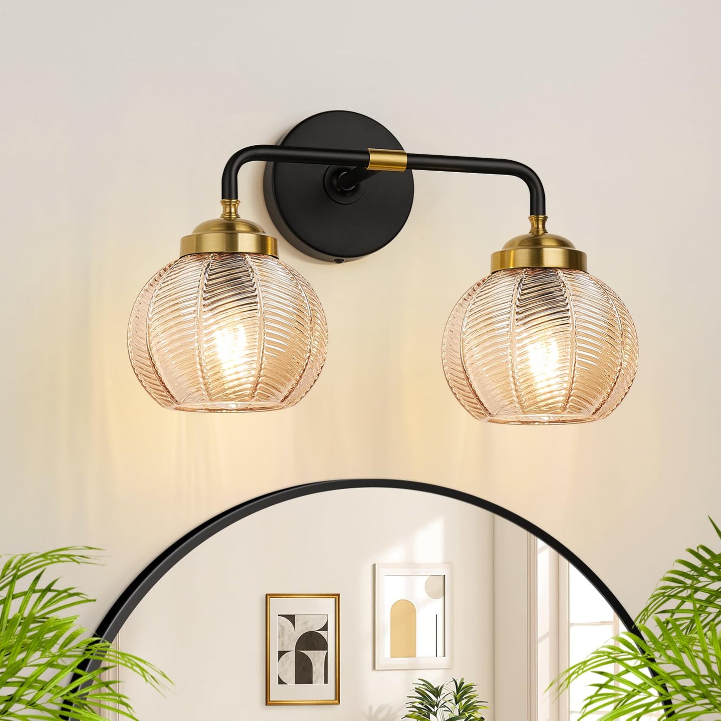 MOKATNG Bathroom Light Fixtures, 3-Light Green Vanity Lights with Unique Leaf Texture Glass Shade, Modern Matte Black and Gold Bathroom Wall Lamp for Mirror Hallway Cabinet Living Room