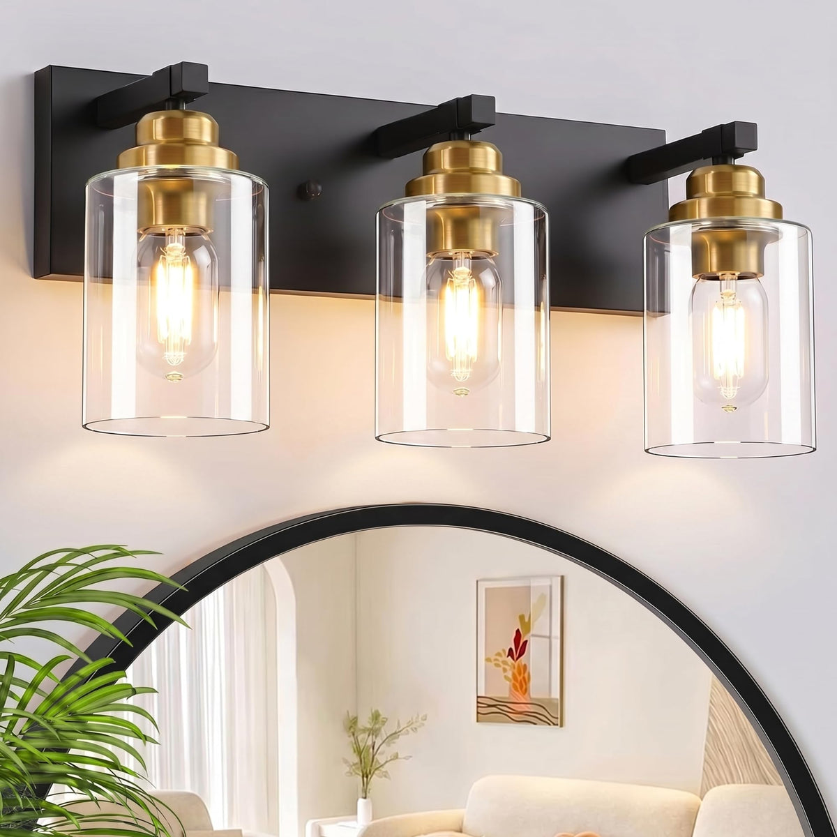 Farmhouse 3-Light Bathroom Vanity Light Fixtures, Black and Wood | 18.8″ Rustic Matte Black Metal Frame, Clear Glass Shades, Vintage Wall Sconces Lighting Over Mirror, for Bathroom Restroom
