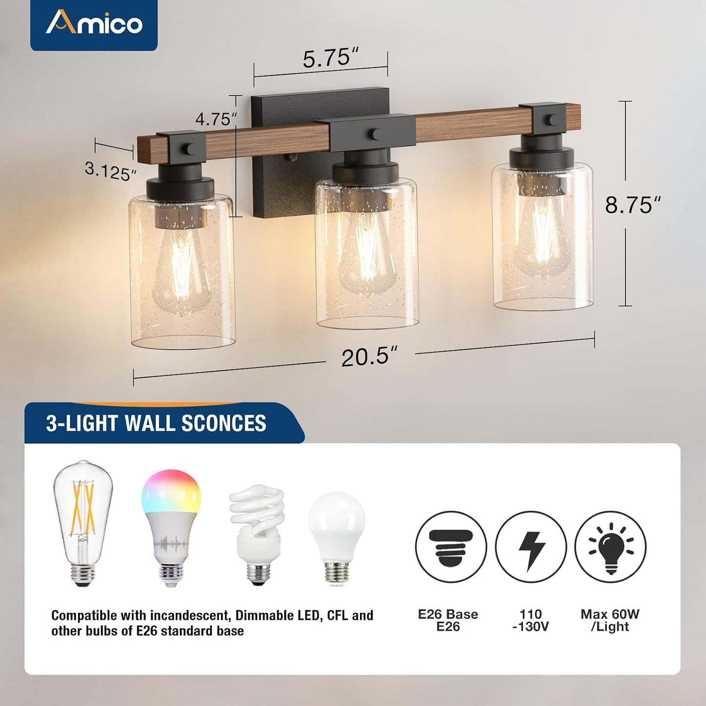 Amico 3-Light Farmhouse Bathroom Vanity Light, Seeded Glass, Black & Wood | Bubble Glass Shade Wall Sconce, Over Mirror Lighting for Bathroom, Bedroom, Living Room, Hallway, Powder Room, Entryway