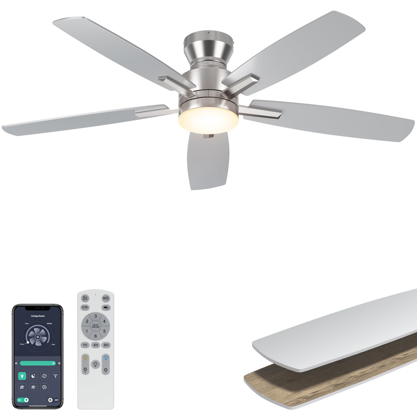 Ohniyou 52'' Low Profile Ceiling Fan with Lights, Remote/APP Control, Black | Flush Mount, Dimmable 3CCT LED, Quiet Reversible DC Motor; Memory Function, 4580 CFM, for Indoor Bedroom Living Room