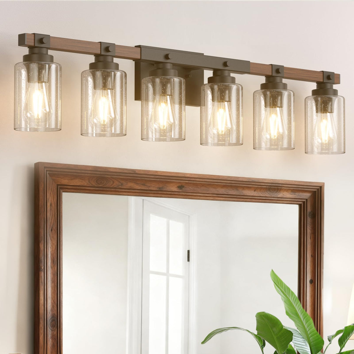 Amico 3-Light Farmhouse Bathroom Vanity Light, Seeded Glass, Black & Wood | Bubble Glass Shade Wall Sconce, Over Mirror Lighting for Bathroom, Bedroom, Living Room, Hallway, Powder Room, Entryway