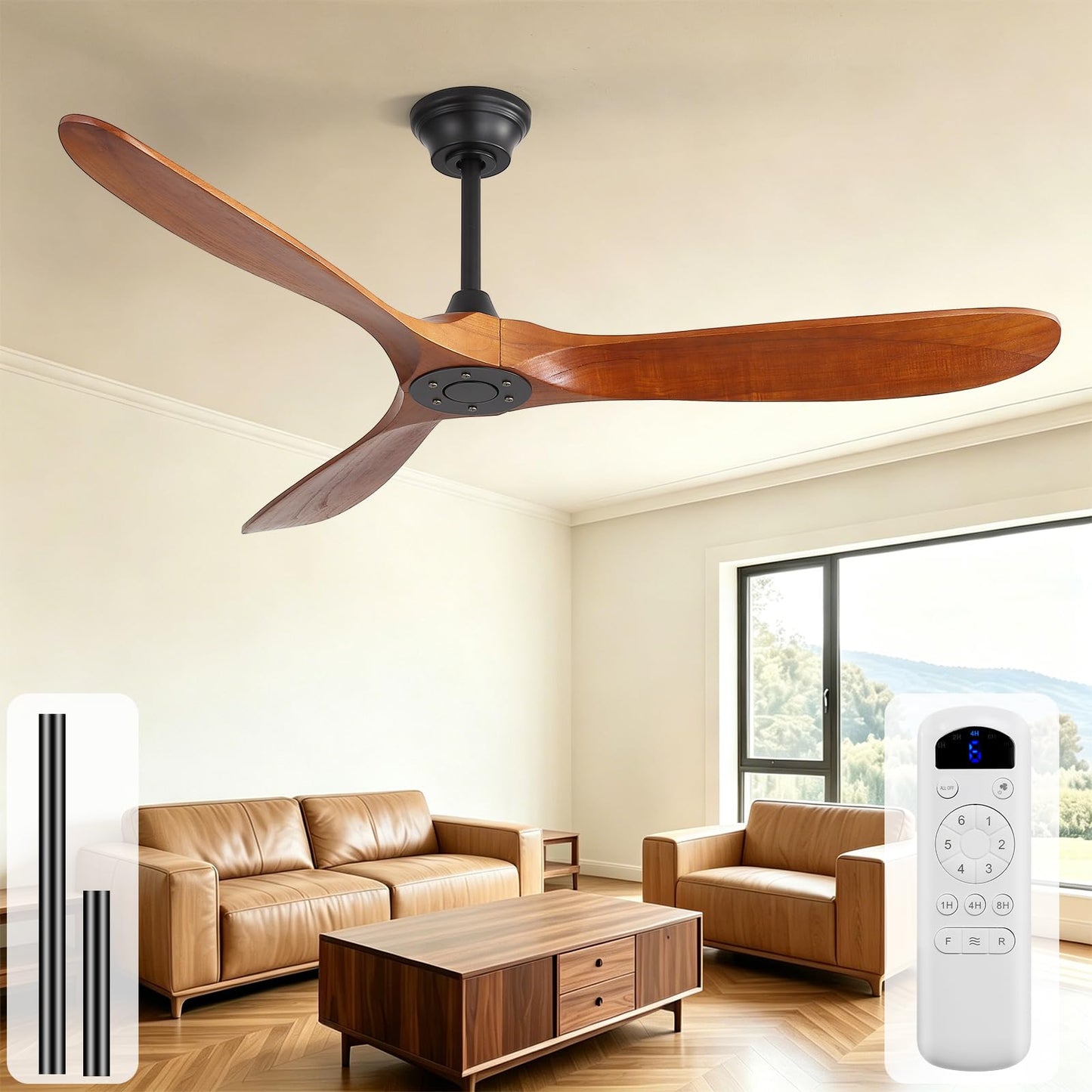 Sofucor 52 Inch Wood Ceiling Fans with Lights and Remote, Indoor/Outdoor | Modern, 3 Blade, Quiet Reversible DC Motor, 3CCT Dimmable, 6 Speeds, Timer, Bedroom/Living Room/Patio/Kitchen, Natural Wood