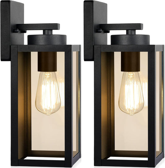Outdoor Wall Light Fixtures, Modern Black Exterior Wall Lanterns | Waterproof Metal Construction, Rust-resistant, Quick & Easy Installation, Clear Glass Shades & Standard E26 Socket