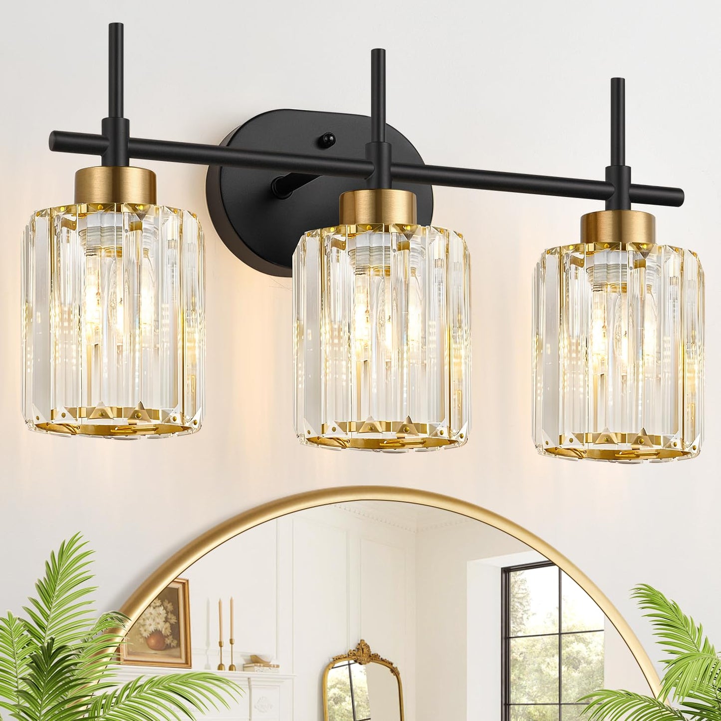 Modern Crystal Bathroom Vanity Light, 3-Light Brushed Gold Bathroom Light Fixtures with Clear Shades, Vanity Lighting Fixtures Over Mirror (Exclude Bulb)