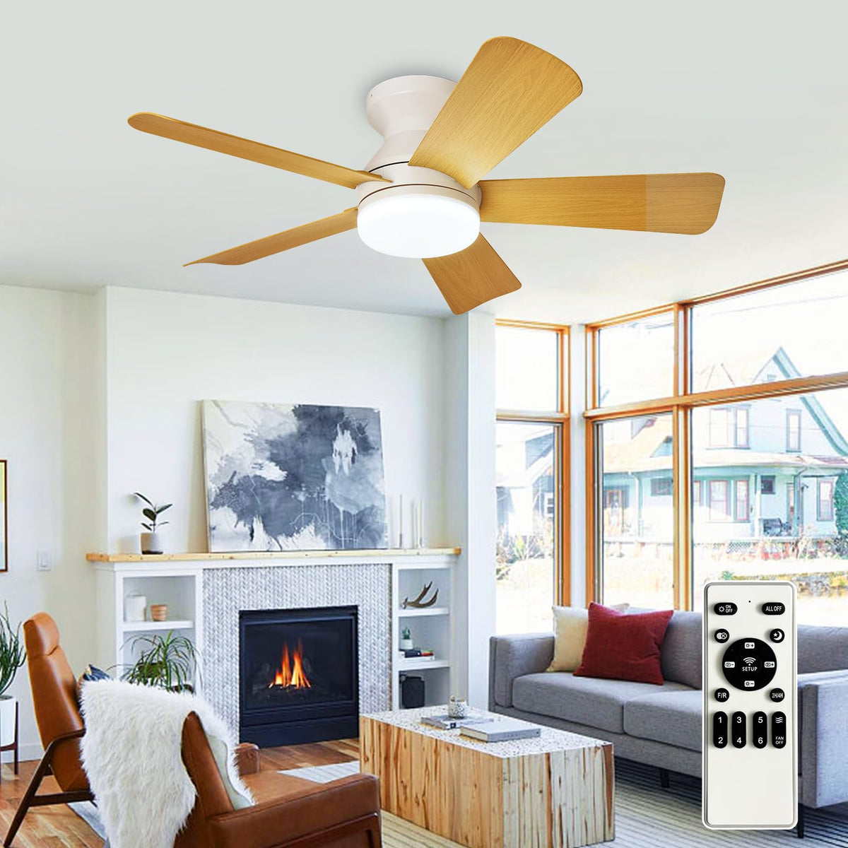 Depuley Modern Ceiling Fan with Light: 42-Inch Black Small Fans for Bedroom Indoor Outdoor - Dimmable Low Profile Ceiling Fans with Remote Control Flush Mount 5 Reversible Black Blades 6 Speeds Timer