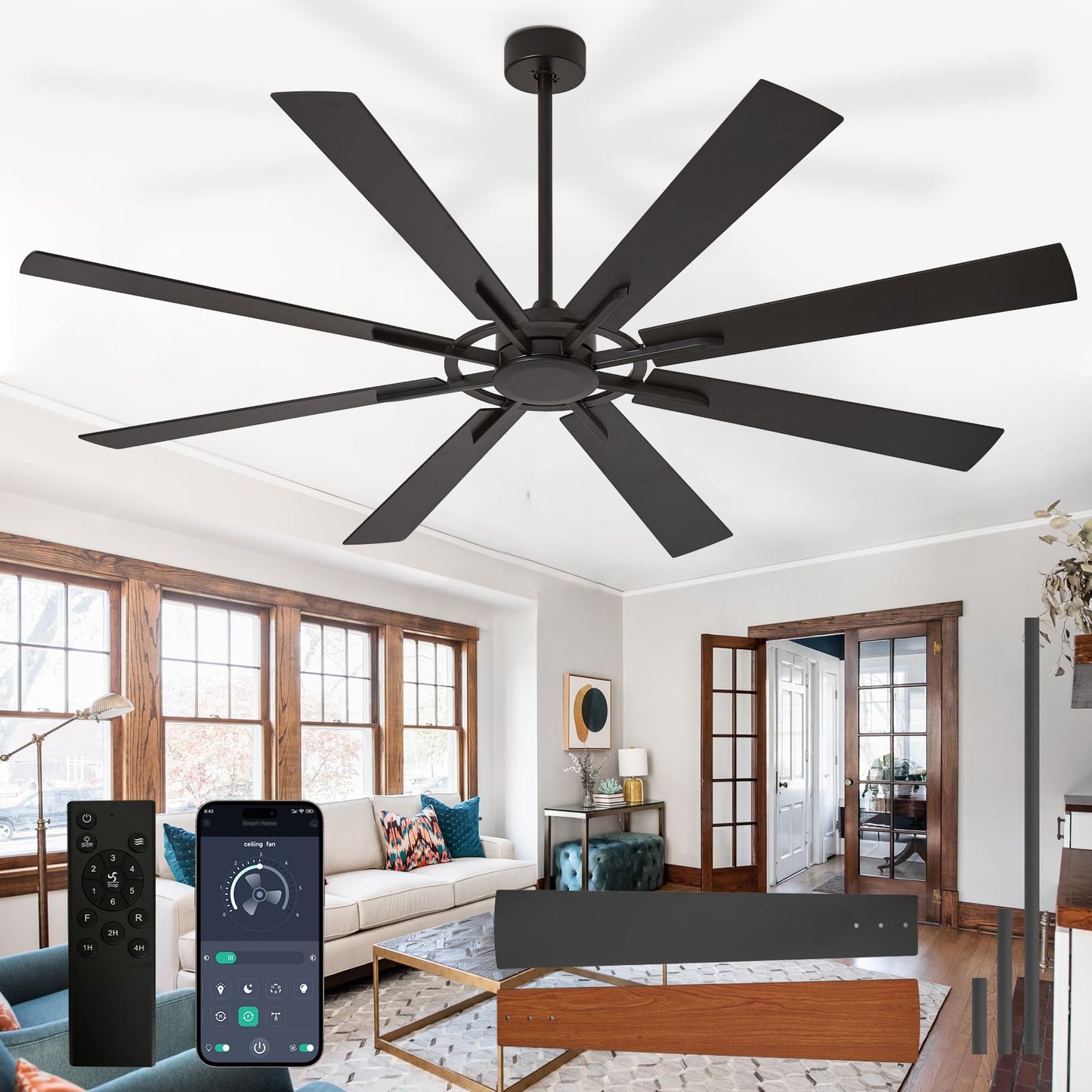 Large Ceiling Fans with Lights: Modern 72 Inch 8 Blade Outdoor Ceiling Fan with Remote APP Control - Dimmable Black Big Fan Light Indoor Reversible 6 Speed Quiet DC Motor