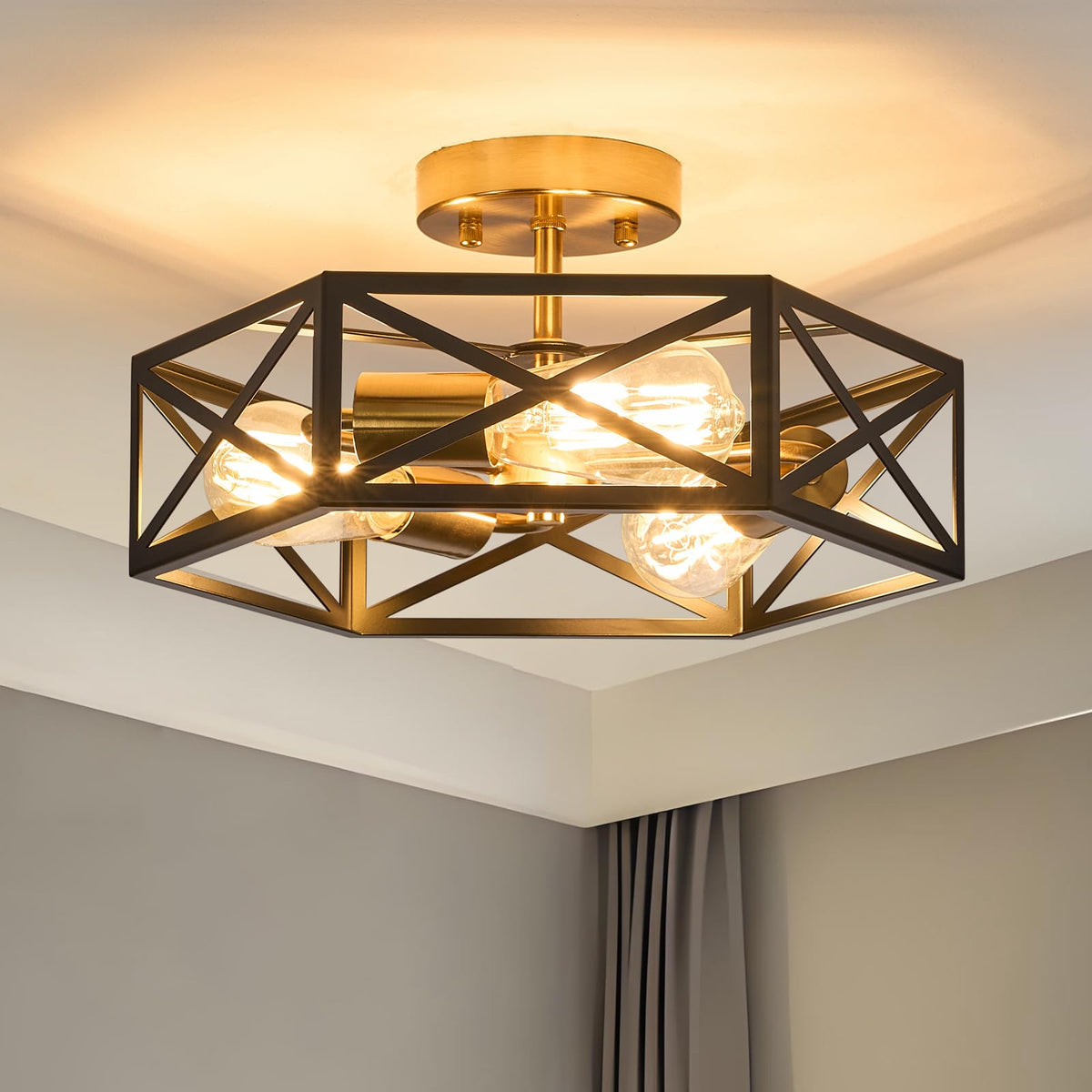 Black Modern Farmhouse Metal Semi Flush Mount Ceiling Light Fixture 14.6 in | Industrial Ceiling Lighting Fixture,hexagonal Lighting Fixtures for Kitchen Island Bedroom Foyer Dining Room Hallway,3-Light