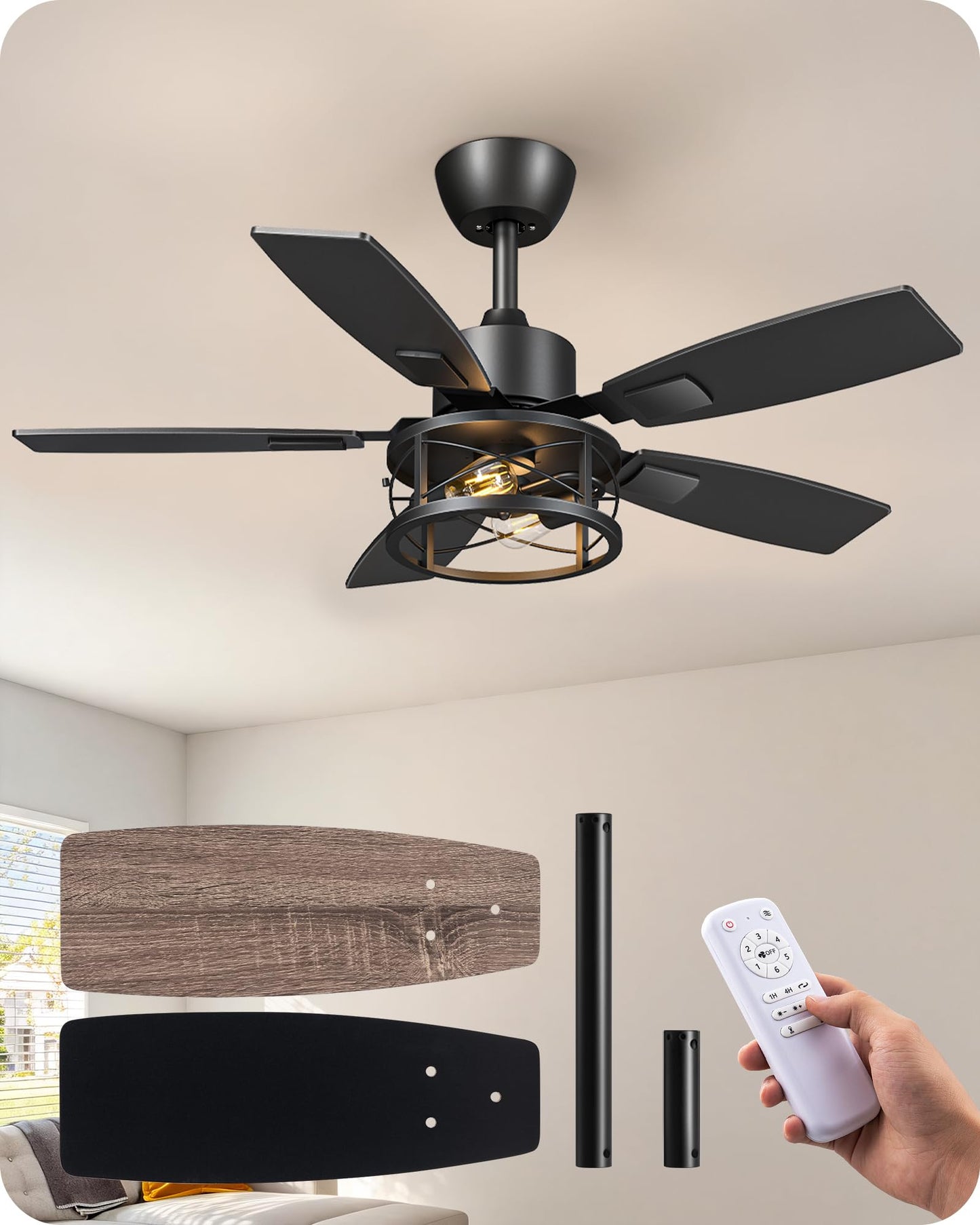 EDISHINE 42" Farmhouse Ceiling Fans with Light and Remote,10%-100% Dimmable | Reversible DC Motor, 6 Speed, 5 Wooden Blades, Timer, Rustic Caged Fandelier Ceiling Fan for Living Room, Bedroom