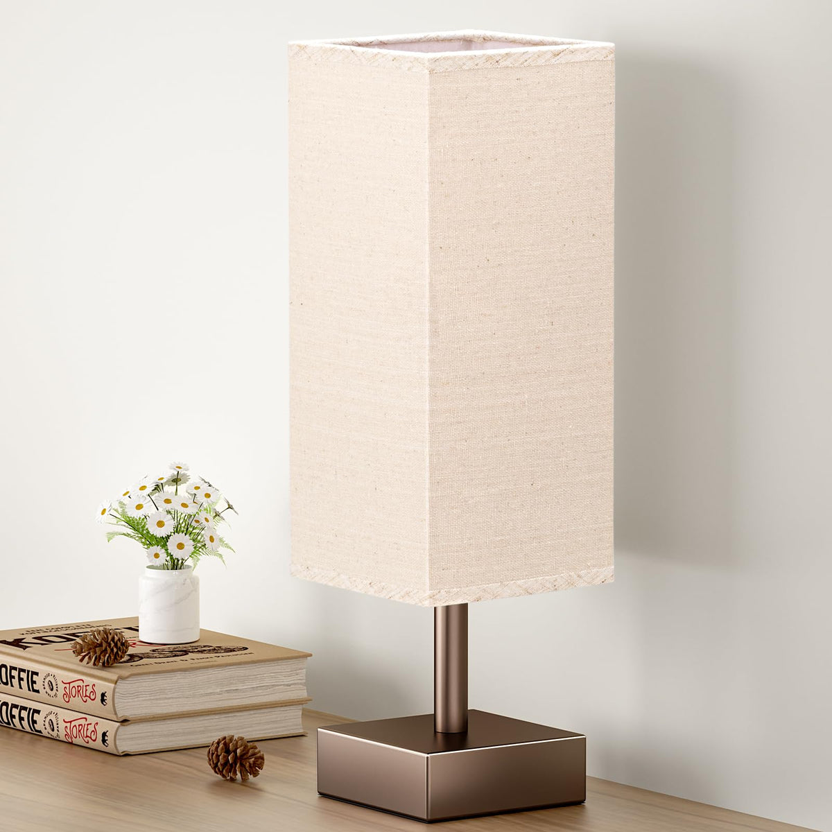 aooshine Small Bedside Table Lamp for Bedroom - Square Cream Fabric Shade | Inline Rocker Switch, Corded Electric, Bulb Not Included, 12.8" Mini Table Lamp for Nightstand, Desk, Dorm, Office