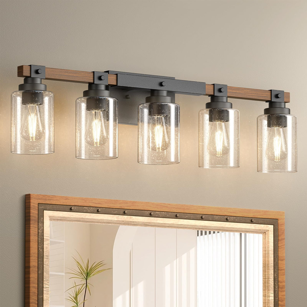Amico 3-Light Farmhouse Bathroom Vanity Light, Seeded Glass, Black & Wood | Bubble Glass Shade Wall Sconce, Over Mirror Lighting for Bathroom, Bedroom, Living Room, Hallway, Powder Room, Entryway