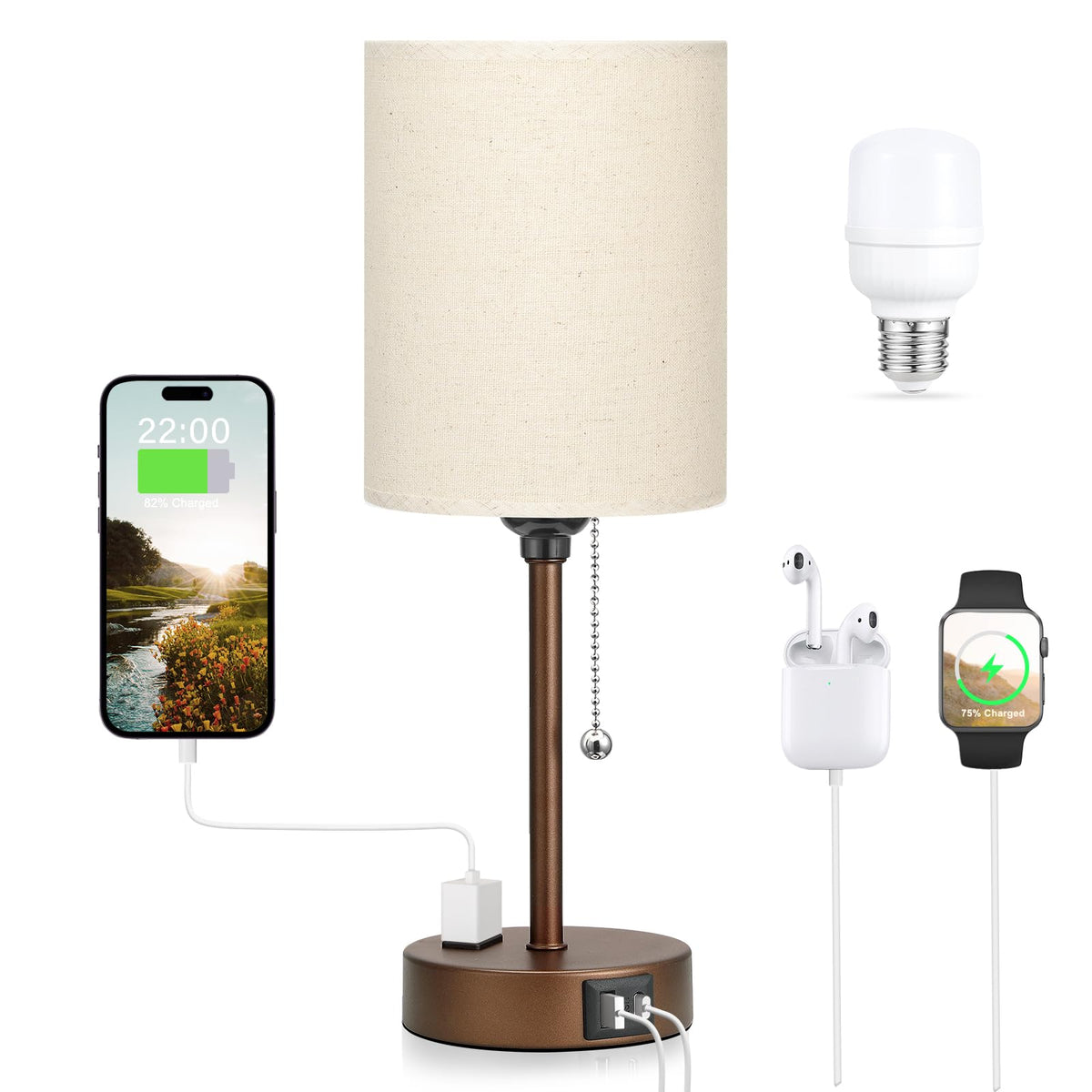 Dicoool Bedside Table Lamp for Bedroom - Small Desk Lamp with USB Ports | USB A+C Ports, AC Outlet, 3 Color Temperatures, LED Bulb Included, White Fabric Shade, Black Metal Base, 14" Nightstand lamp