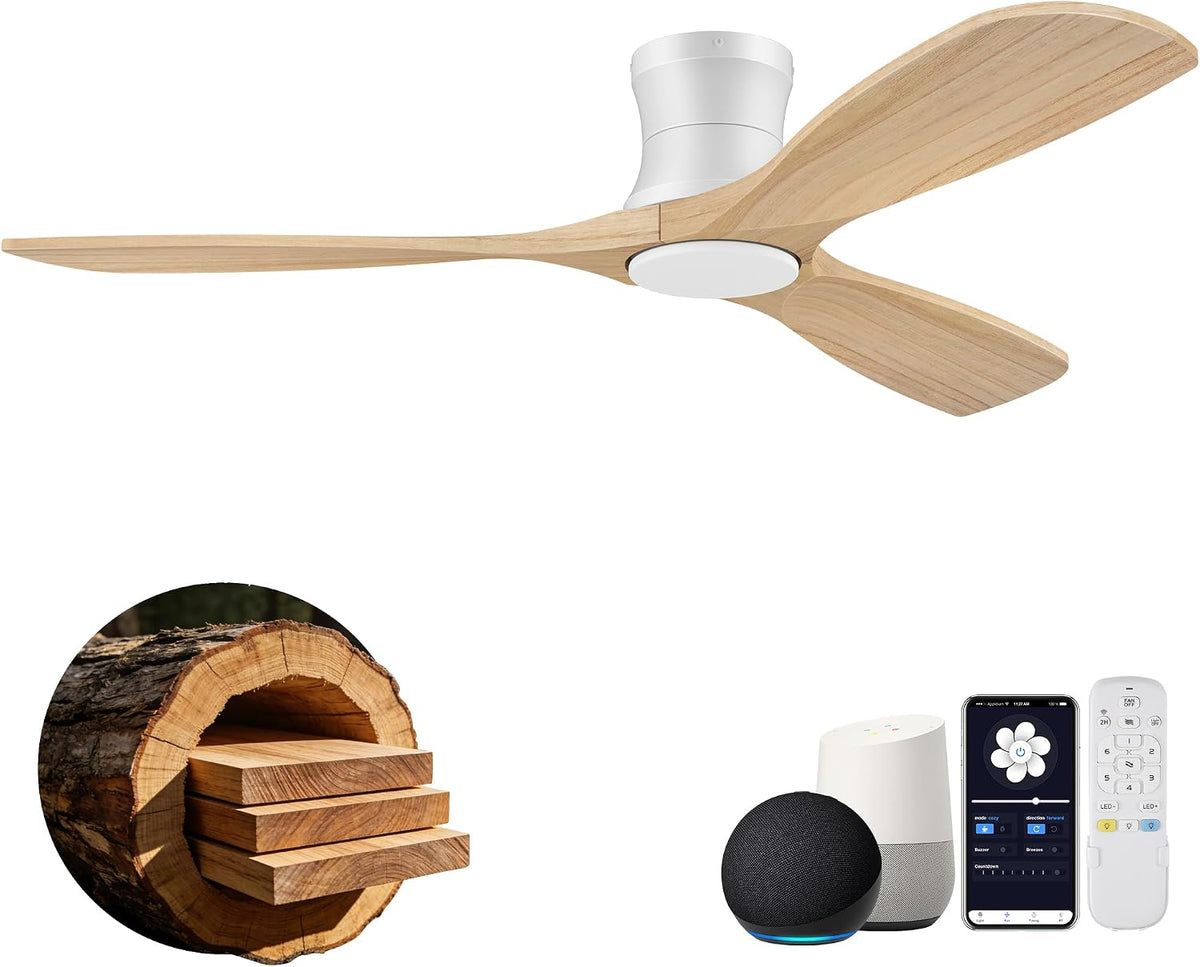 52" Wood Low Profile Ceiling Fans with Lights Remote,Flush Mount,Smart | Alexa/App Control,Easy Install,Quiet,Light Wood White,Hugger LED Ceiling Fan for Modern Outdoor Indoor Patio Bedroom,High CFM