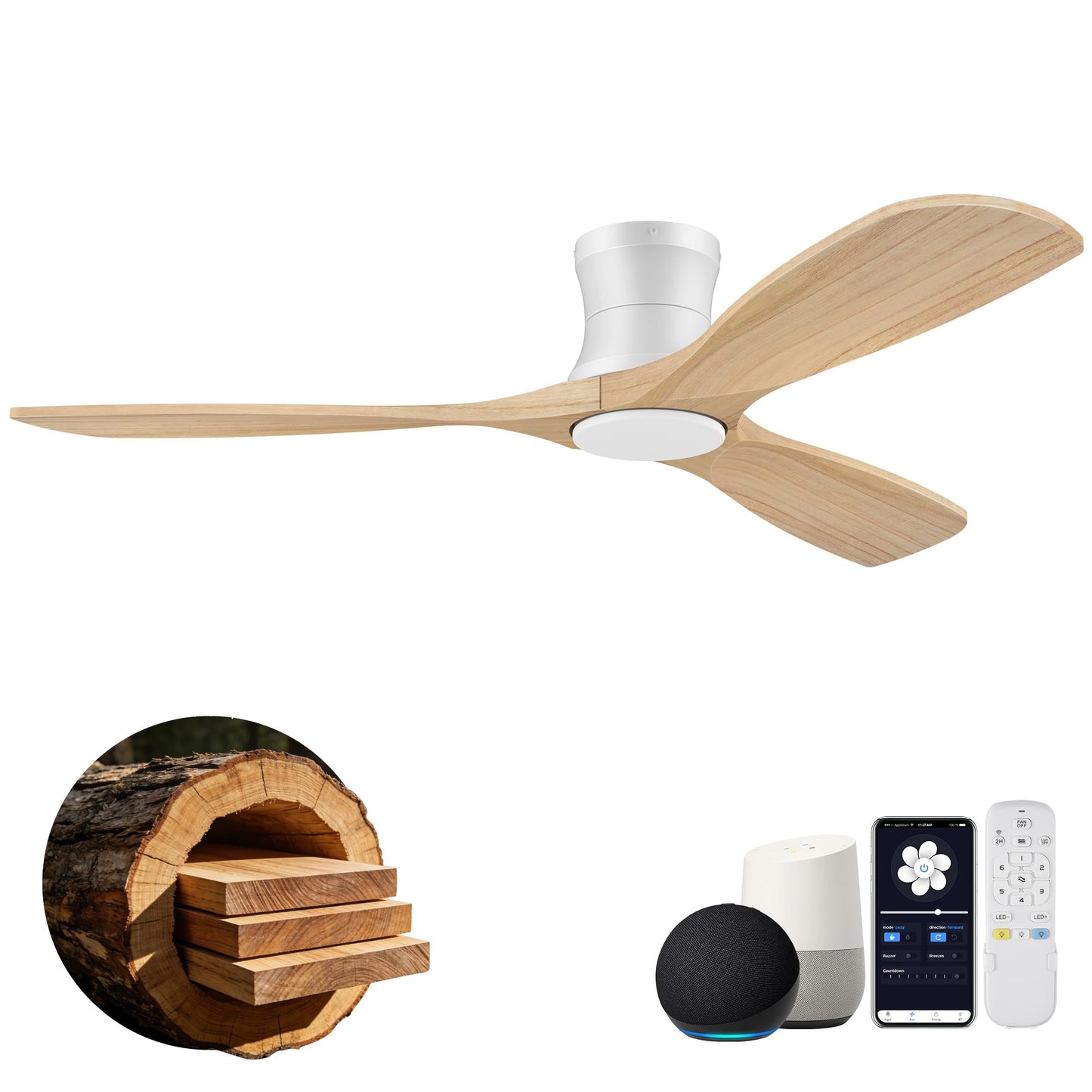 52" Wood Low Profile Ceiling Fans with Lights Remote,Flush Mount,Smart | Alexa/App Control,Easy Install,Quiet,Light Wood White,Hugger LED Ceiling Fan for Modern Outdoor Indoor Patio Bedroom,High CFM