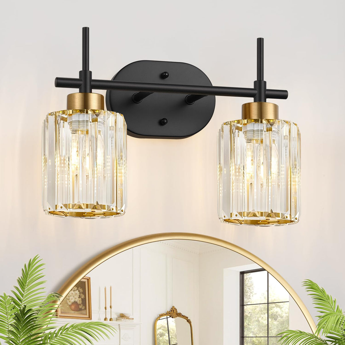 Modern Crystal Bathroom Vanity Light, 3-Light Brushed Gold Bathroom Light Fixtures with Clear Shades, Vanity Lighting Fixtures Over Mirror (Exclude Bulb)