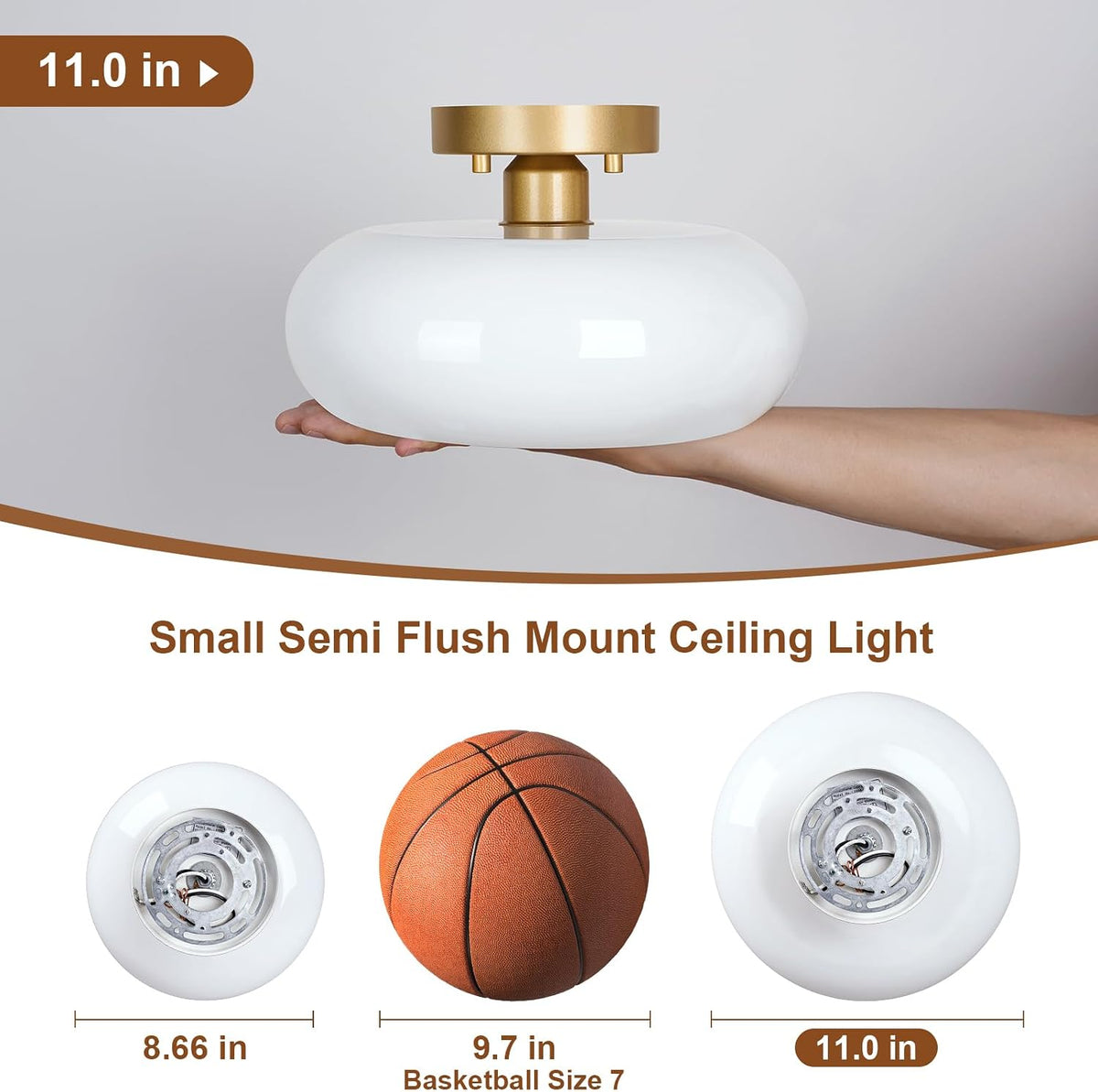 WOKNOS Mid-Century Modern Gold Semi Flush Ceiling Light 11.0 Inch | Small White Glass Shade Close to Ceiling Lighting Fixture For Kitchen Entryway Hallway Bathroom Closet Bedroom Laundry Room