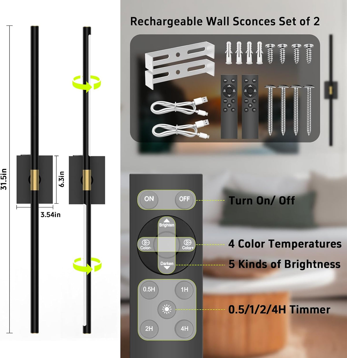 Battery Operated Wall Sconces Set of 2, 10000mAh, Black | Detachable rechargeable battery, 31.5" wireless lighting for TV wall mirror bedroom or living room decor