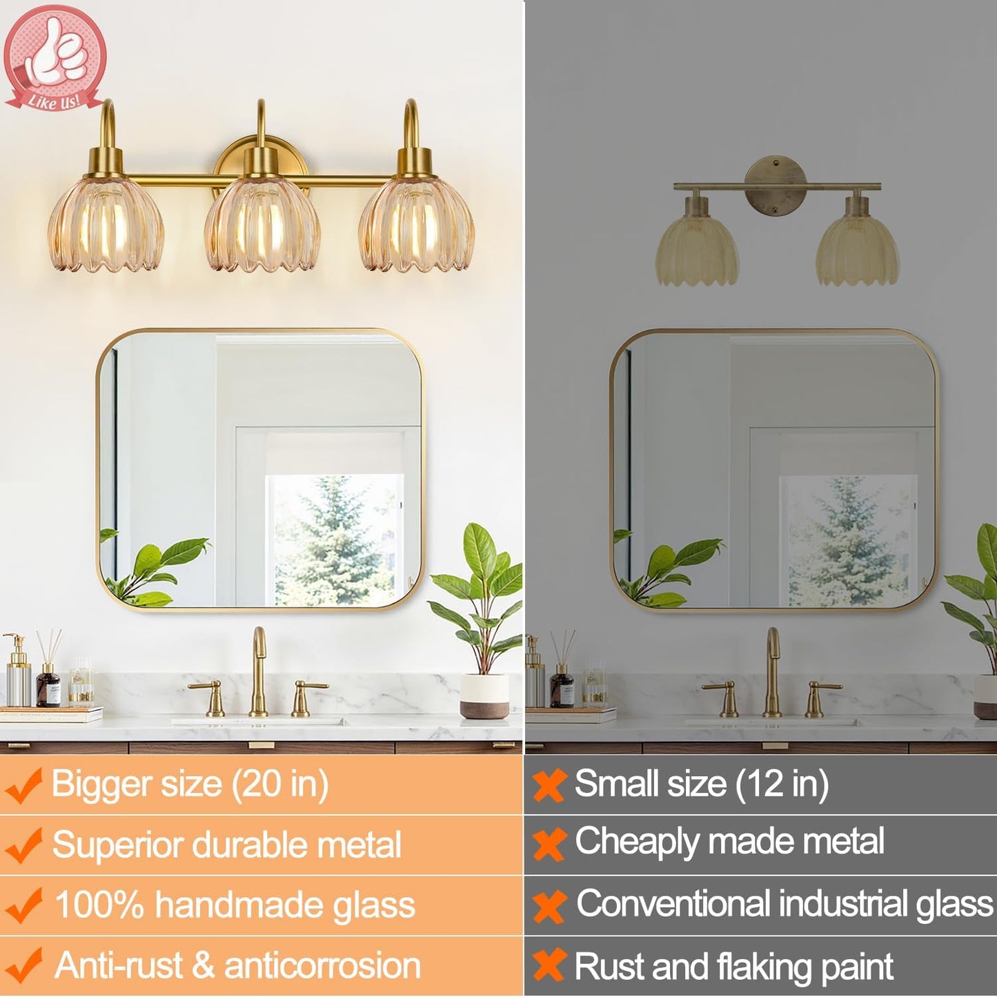 Bathroom Light Fixtures, 3-Light Brushed Gold Vanity Lights for Bathroom with Ribbed Amber Tulip Glass Shade, 20 in Bathroom Vanity Lights Over Mirror for Bedroom, Living Room, Hallway