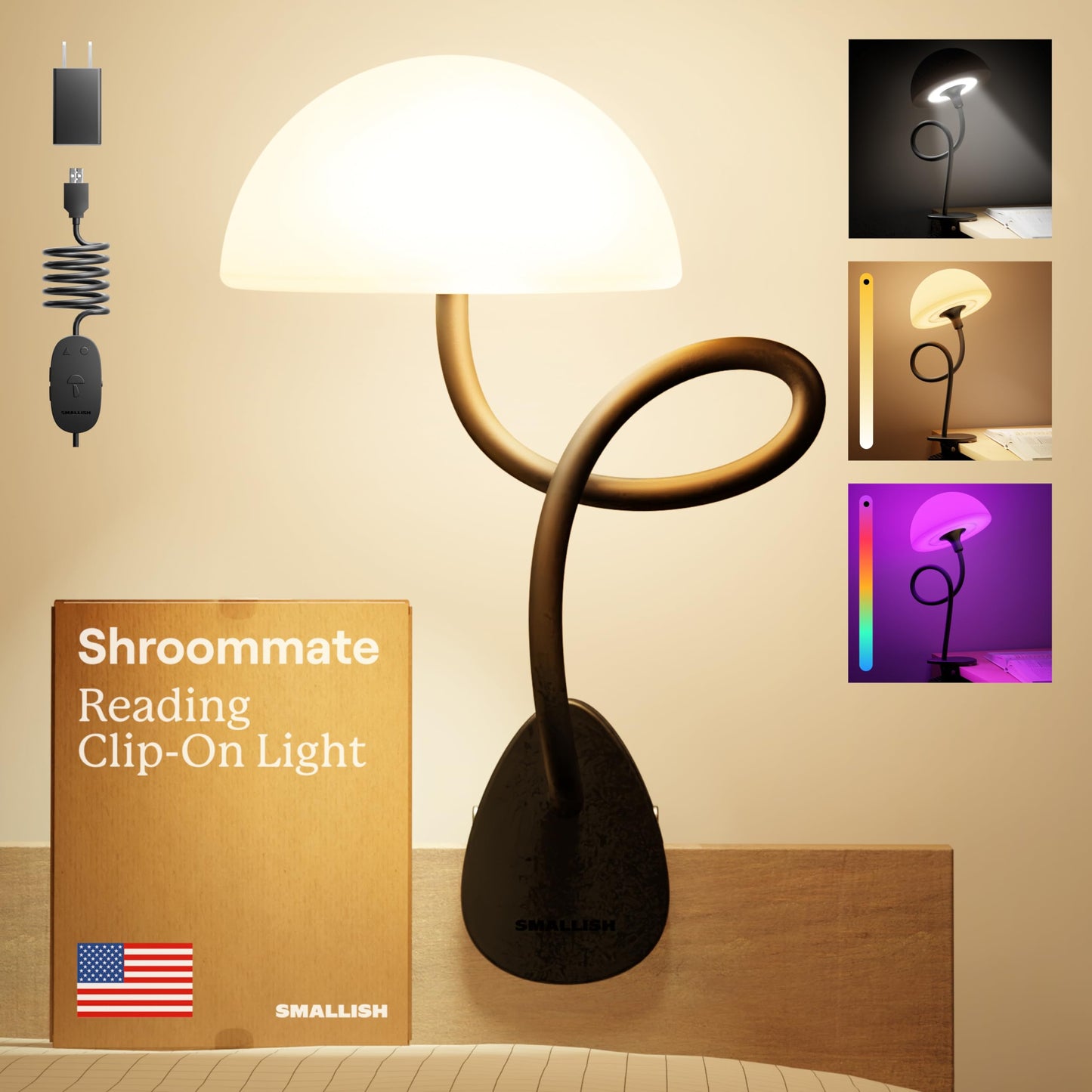 Shroommate Dorm Room Essential Clip On Bed Light - Headboard and Bedside Table Lamp, Flexible Reading Lamp, Night Light for Kids Nursery, Clip on for Desk, MultiColor LEDs, Adapter Included (White)