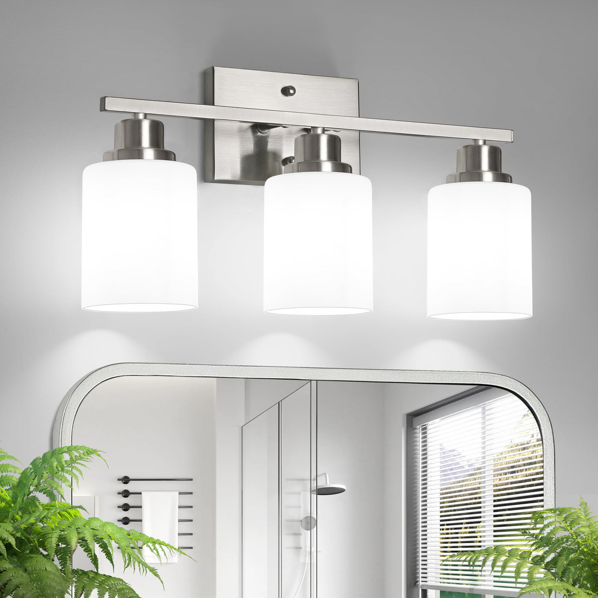 Ascher Bathroom Light Fixtures, 4-Light Vanity Light Over Mirror, Brushed Nickel Wall Sconces with Milky White Frosted Glass Shades, Wall Lamp for Living Room Bedroom, E26 Base(Bulbs Not Included)
