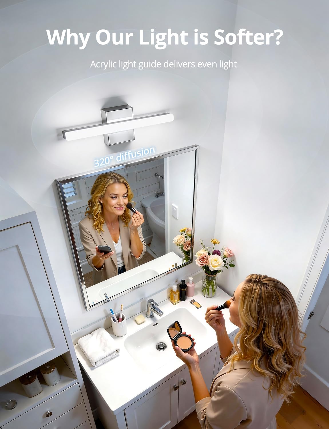 Bathroom Light Fixtures Over Mirror, Modern Bath Wall Lamp Chrome | Small 16 Inch, Gentle Lighting, Linear Lamp Bar for Vanity Restroom, Lámparas para Baño, IP44 Rustproof, 6000K Cool White