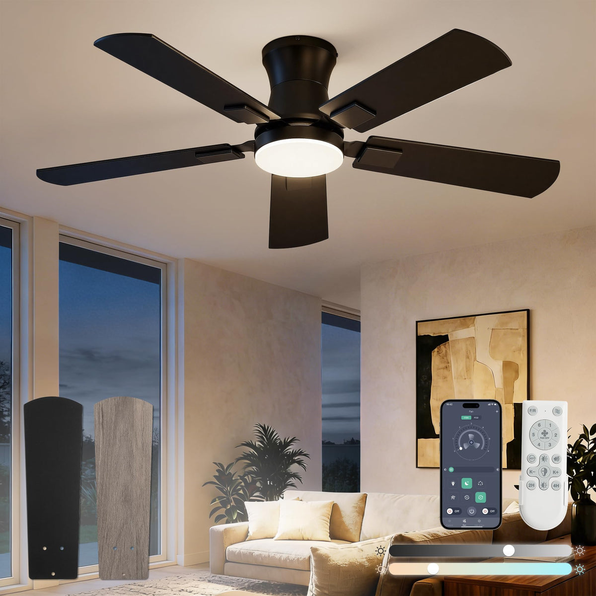 Fanbulous 52 inch Ceiling Fan with Light, Low Profile, App & Remote Control | Flush Mount, Stepless Dimming LED Light, Quiet Reversible DC Motor, Memory Function, Living Room, Bedroom, Patio, Black