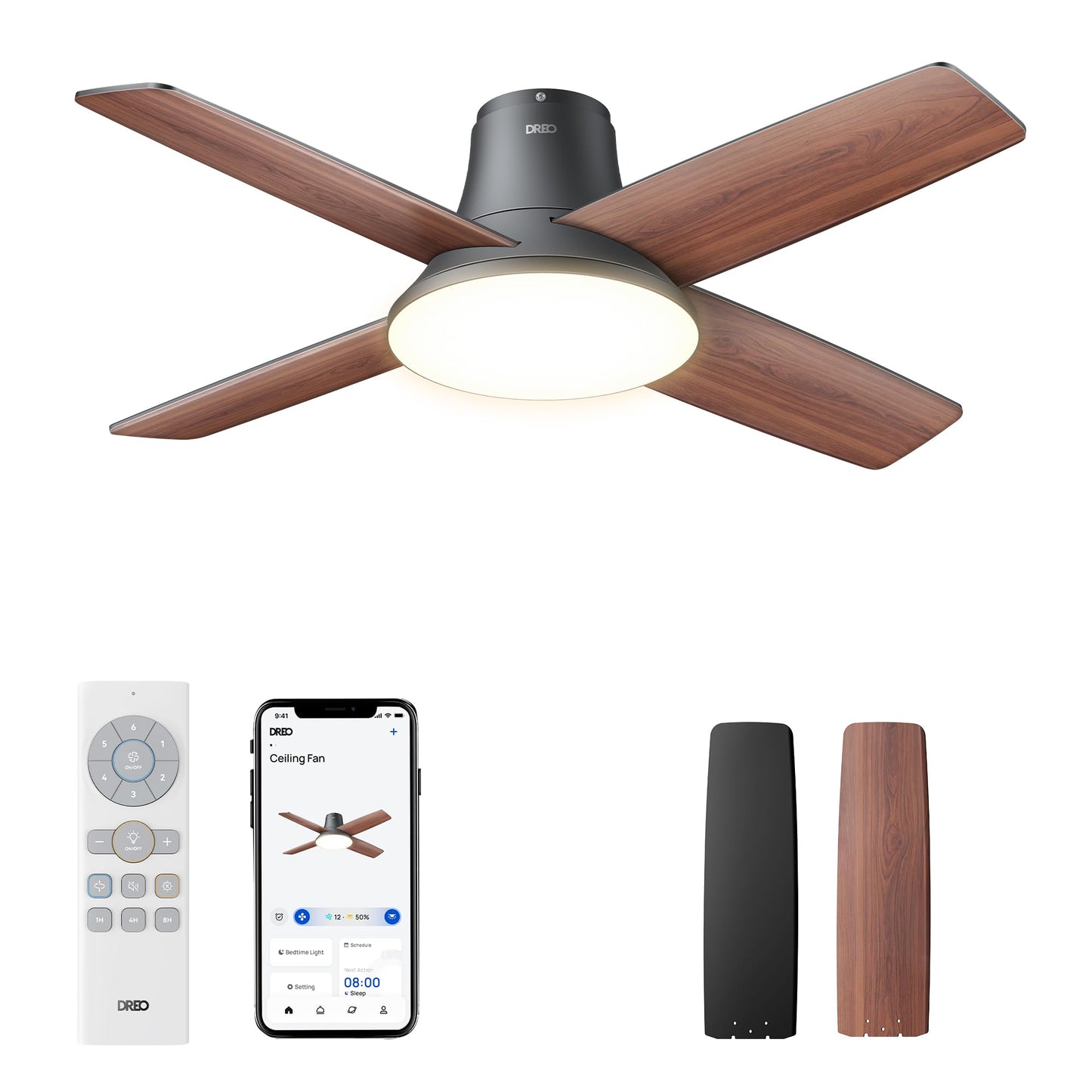 DREO Ceiling Fans with Lights 44'', Flush Mount Smart Ceiling Fan, Remote