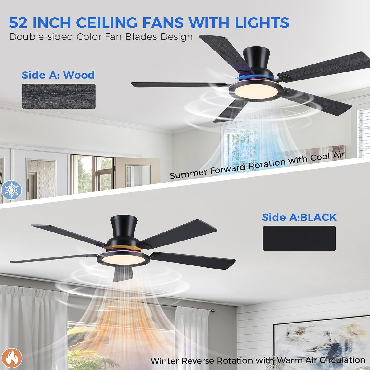 Ayaoty Ceiling Fans with Lights - 52in Flush Mount Ceiling Fan with RGB Dimmable, 3CCT 6 Wind Speeds and Reversible Quiet Motor, Low Profile RGB Fan Light for Modern Indoor, Party - Black