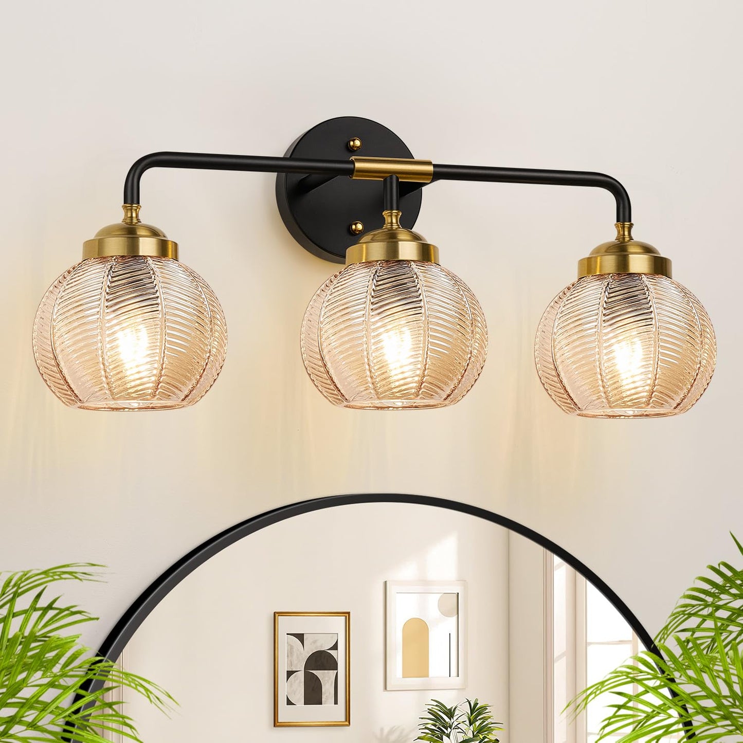 MOKATNG Bathroom Light Fixtures, 3-Light Green Vanity Lights with Unique Leaf Texture Glass Shade, Modern Matte Black and Gold Bathroom Wall Lamp for Mirror Hallway Cabinet Living Room