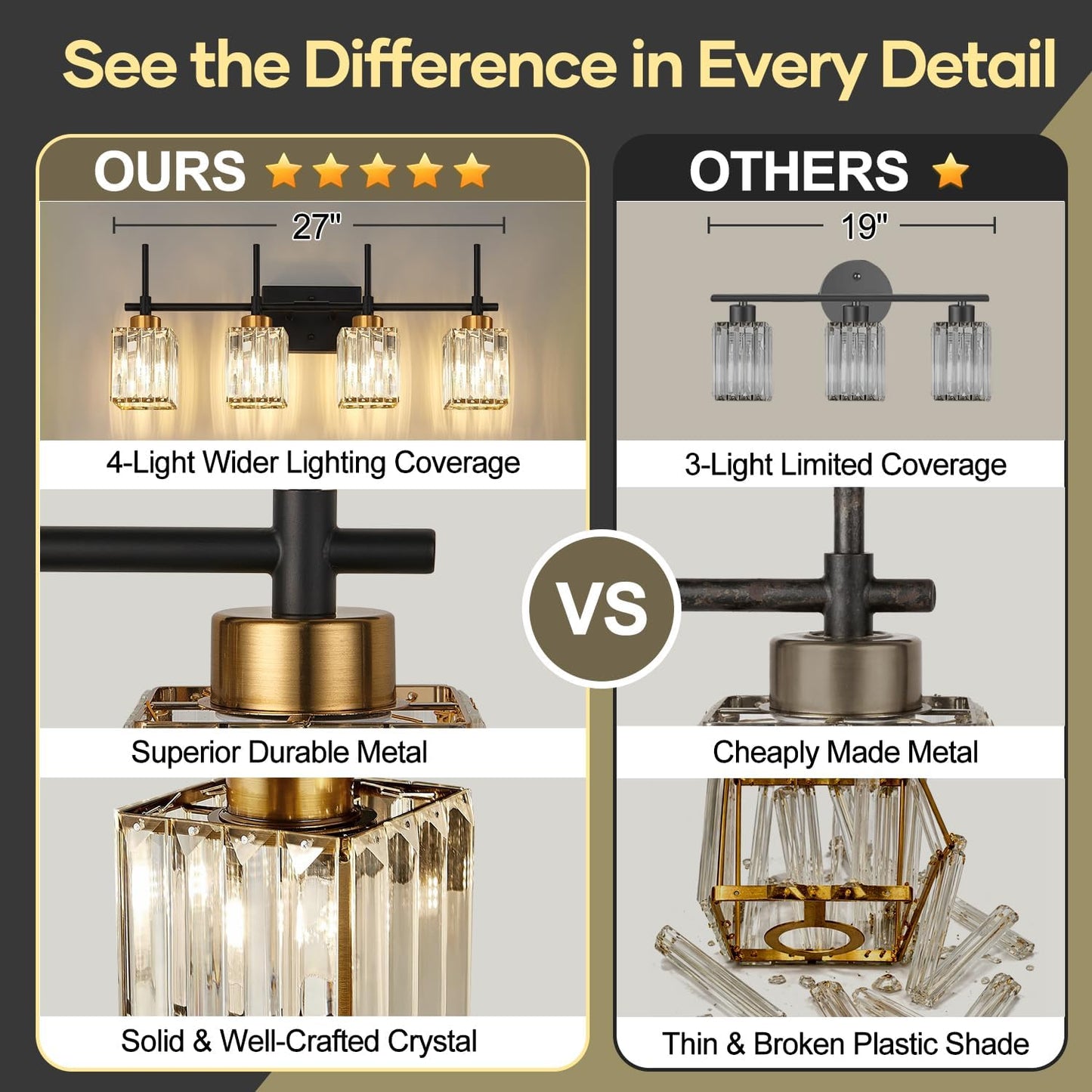 Torondo Modern Crystal Bathroom Vanity Light 4-Lights Gold Bathroom Light Fixtures Over Mirror Black and Gold Vanity Lighting Fixtures Gold Square Shade Brass Wall Sconce (Bulbs Not Include)