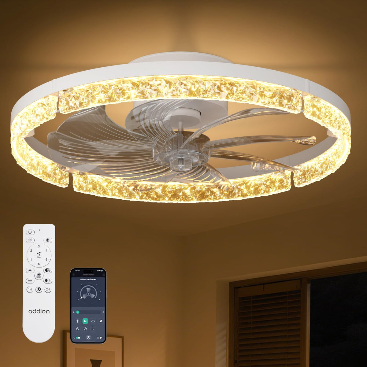 addlon 20" Ceiling Fans with Lights and Remote, Low Profile Fandelier | 3000-6000K Dimmable LED, 6 Speeds, Reversible DC Motor, App Control, Memory Function, Timer, Flush Mount, Quiet Operation