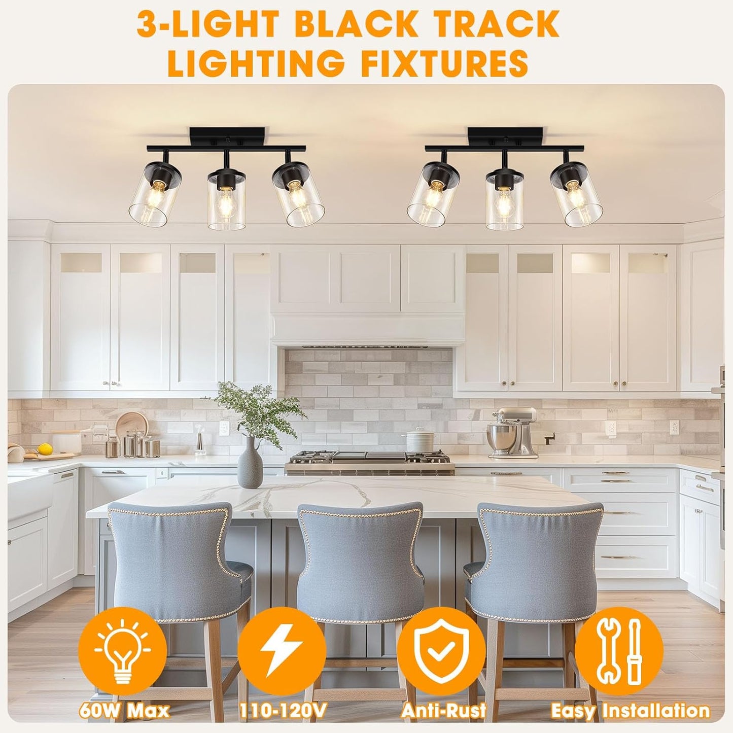 FadimiKoo 3-Lights Semi Flush Mount Ceiling Light, Adjustable Kitchen Light Fixtures Ceiling Mount with Clear Glass Shades, Rotatable Black Track Lighting Fixtures for Hallway, Foyer, Bedroom