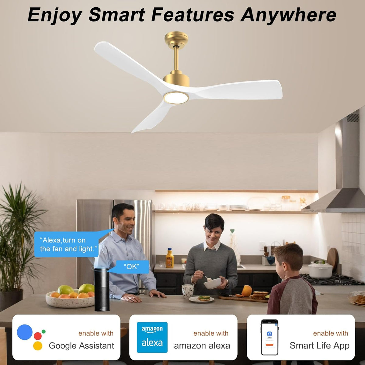 OFANTOP 52 Inch Modern White Gold Smart Ceiling Fan with Light and Remote | Whisper-Quiet & Powerful Airflow, 3-Color Dimmable LED with Memory, Reversible Motor, Timer, for Bedroom Living Room