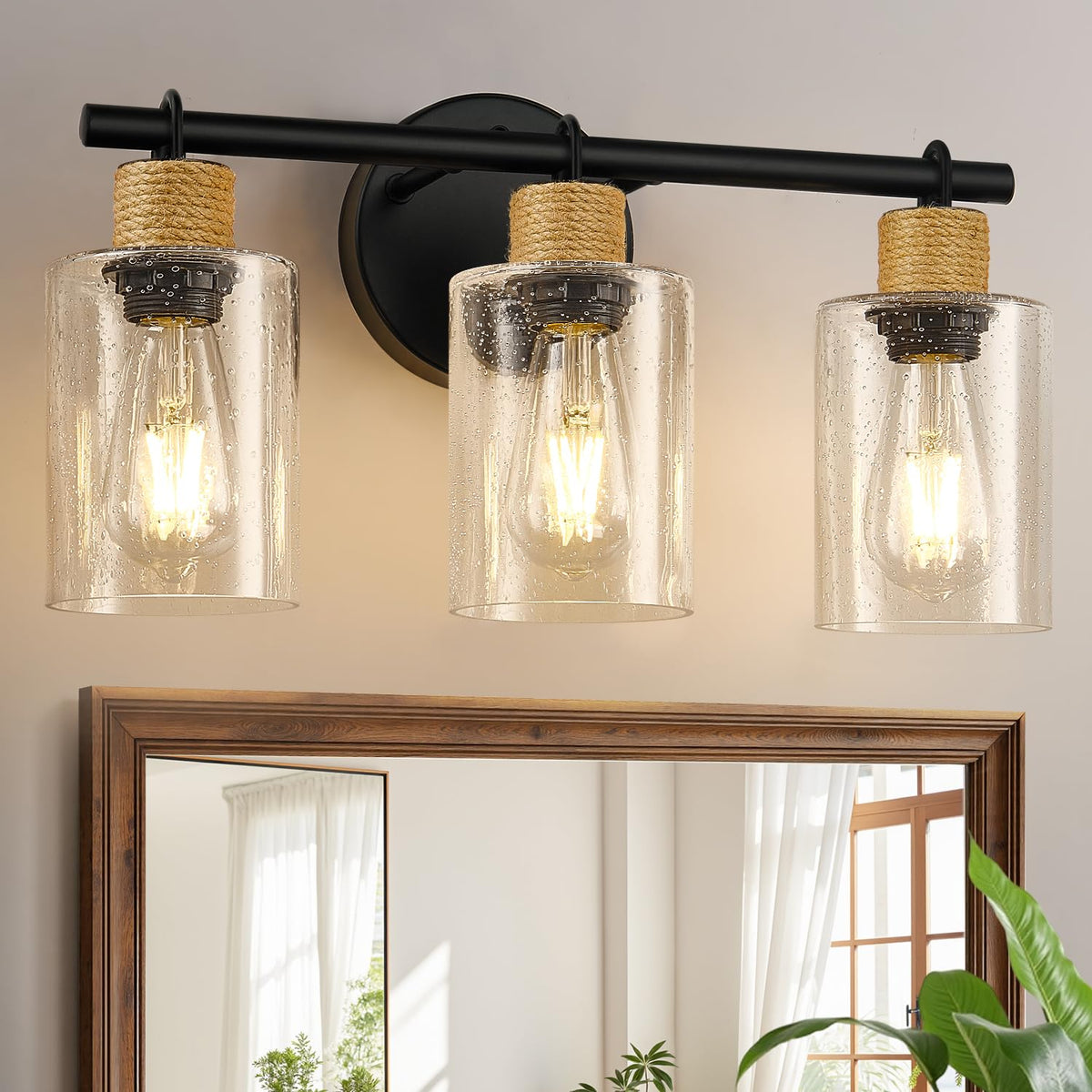 MOKATNG Bathroom Light Fixtures, 3-Light Coastal Vanity Lights with Crystal Glass Shade, Black Bathroom Wall Lamp for Mirror Kitchen Hallway Cabinet