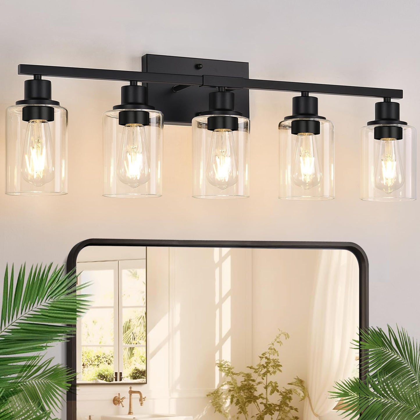 Indoi 4-Light Bathroom Light Fixtures, Matte Black Modern Vanity Lights with Clear Glass Shades, Bathroom Wall Lamp for Mirror Living Room Cabinet Bedroom Porch