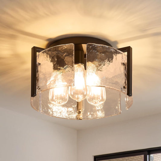 Black Semi Flush Mount Ceiling Light, 14" Farmhouse Hallway Light Fixtures | Vintage Drum Glass Entryway Lighting, Mid Century Modern Lights for Kitchen Dining Room Foyer Bedroom Laundry Room Bathroom